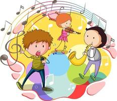 doodle kinderen met muziekinstrument en melodie vector