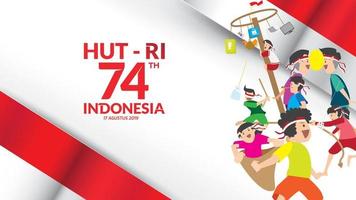 Indonesische traditionele spelen tijdens de onafhankelijkheidsdag, beklommen de areca-noot of vettige paal, cracker eten, ei- en lepelrace, touwtrekken, vrolijk racen in de zak. viering van de vrijheid. - vector
