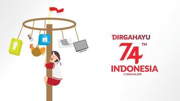 Indonesische traditionele spelen tijdens de onafhankelijkheidsdag, beklommen de areca-noot gelukkig. viering van de vrijheid. - vector