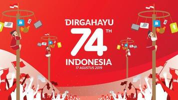 Indonesische traditionele spelen tijdens de onafhankelijkheidsdag, beklommen de areca-noot gelukkig. viering van de vrijheid. - vector