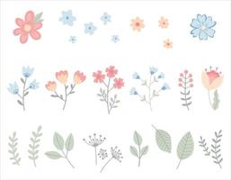 leuke set van eenvoudige bloemen. cartoon kinderachtig elementen geïsoleerd op wit. handgetekende kwekerij planten, bladeren, twijgen, gras. eenvoudige vectorillustratie. vector