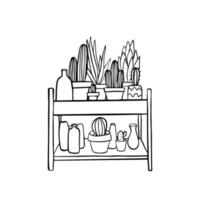 indoor cactus in potten op een standaard. schets, omtrek van planten en woondecoratie in een handgetekende doodle-stijl. vector