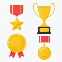 verzameling gouden kampioensprijzen, trofeeën, onderscheidingen. medaille, beker en badge. platte vectorillustratie, geïsoleerd op een witte achtergrond vector