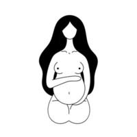 vector contour mooie naakt zwangere vrouw zitten met benen opgerold. moederschap, geboorte, voorbereiding op de bevalling, prenataal medisch centrum. doodle hand illustratie geïsoleerd op een witte achtergrond.