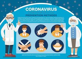 coronavirus preventie. arts legt infographics uit, draag een gezichtsmasker, was handen, eet warm voedsel en vermijd risicovolle plaatsen. vectorillustratie. idee voor uitbraak en preventie van coronavirus. vector