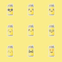 leuke en kawaii cartoon frisdrankblikjes. schattig mooi emoticon emoji gezicht, glimlach, gelukkig. koude cola en frisdrank. zoet maar veel calorieën. vector