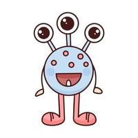 grappig monster met drie ogen en één tand geïsoleerd object vector