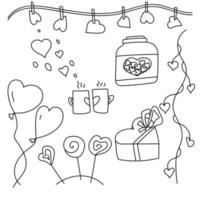Valentijnsdag doodles set, hartvormige snoepjes en geschenken, gepaarde kopjes en thema slingers, hart ballonnen vector