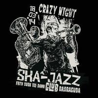 crazy night ska-jazz club barracuda t-shirt.kan gebruikt worden voor t-shirt print, mok print, kussens, fashion print design, kinderkleding, babyshower, begroeting en ansichtkaart. t-shirt ontwerp vector