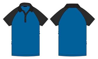 two tone zwarte en blauwe kleur raglan korte mouw poloshirt technische mode platte schets vector illustratie sjabloon voor- en achterkant uitzicht geïsoleerd op een witte achtergrond.