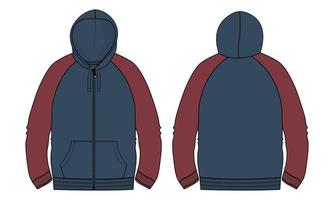 two tone rood marineblauw kleur lange mouw hoodie technische mode platte schets vector illustratie sjabloon voor- en achterkant uitzicht.