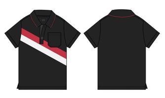 korte mouw raglan poloshirt technische mode platte schets vector illustratie zwarte kleur sjabloon voor- en achterkant uitzicht.