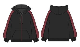 lange mouw hoodie technische mode platte schets vector illustratie zwarte kleur sjabloon voor- en achterkant uitzicht.