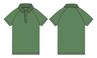 korte mouw raglan poloshirt technische mode platte schets vector illustratie groene kleur sjabloon voor- en achterkant uitzicht.