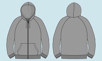 lange mouw hoodie technische mode platte schets vector illustratie grijze kleur sjabloon voor- en achterkant uitzicht.