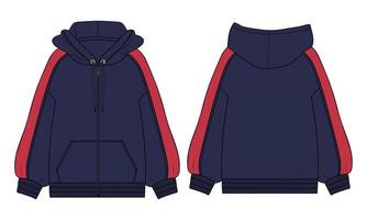 lange mouw hoodie technische mode platte schets vector illustratie Marine kleur sjabloon voor- en achterkant uitzicht.