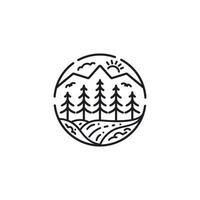 groenblijvend dennenbos en kreekrivier voor kampavontuur vintage hipster logo-ontwerp vector