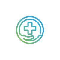 medische apotheek gezondheid logo met hand en kruis pictogram ontwerpsjabloon vector