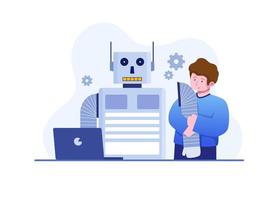 kinderen bouwen een robot en zijn blij. een kind dat robot maakt. jongen met robot speelgoed en laptop. robot programmeren. kan worden gebruikt voor web, presentatie, flyer, animatie, bestemmingspagina, enz. vector