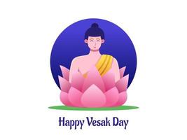 gelukkige vesak dag illustratie met Boeddha purnima zittend op roze lotusbloemen. fijne waisak-dag. kan worden gebruikt voor wenskaart, ansichtkaart, web, spandoek, poster, uitnodiging, enz. vector