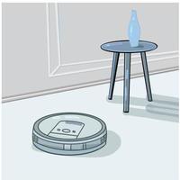 de robotstofzuiger maakt de kamer schoon. moderne draadloze apparatuur voor het schoonmaken van het appartement. vectorillustratie in vlakke stijl vector