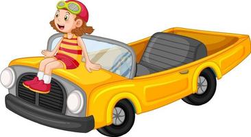 een meisje met gele vintage auto in cartoondesign vector