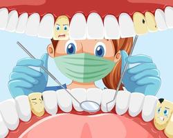tandarts die instrumenten vasthoudt die de tanden van de patiënt in de menselijke mond onderzoeken; vector
