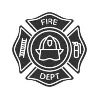 brandweer badge glyph pictogram. brandbestrijdingsembleem met helm, ladder en brandblusser. silhouet symbool. negatieve ruimte. vector geïsoleerde illustratie