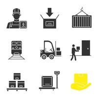 vracht verzending glyph pictogrammen instellen. loader man, pakketverpakking, intermodale container, trein, heftruck, koerier, magazijn, weegschalen, vrachtverzekering. silhouet symbolen. vector geïsoleerde illustratie