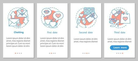 online dating onboarding mobiele app paginascherm met lineaire concepten. romantische relaties ontwikkelingsstappen grafische instructies. ux, ui, gui vectorsjabloon met illustraties vector