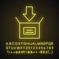 pakket verpakking neon licht icoon. open doos met pijl-omlaag. downloaden. gloeiend bord met alfabet, cijfers en symbolen. vector geïsoleerde illustratie