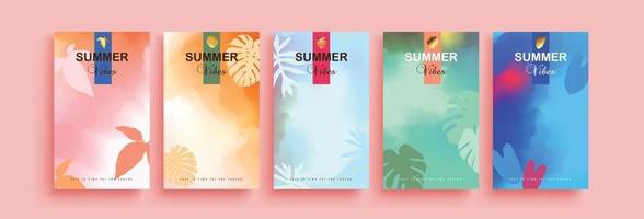 set van abstracte zomerbannerontwerpen als achtergrond met tropische blad- en aquarelkunst, verpakkingssjabloon vector