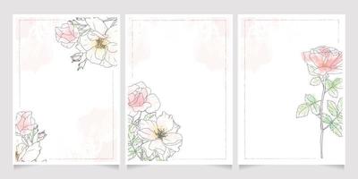 roze losse aquarel lijntekeningen roos bloem boeket frame 5x7 uitnodigingskaart wassen splash achtergrond sjabloon collectie vector