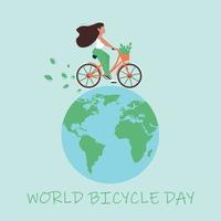 wereld fietsdag concept. het meisje rijdt een fiets op de wereldbol. vector