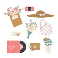 lente of zomer met seizoensgebonden elementen collectie. vinylplaat, dagboek, notitieblok, strohoed, camera, boeket bloemen, kopje thee, koffie, envelop, herbruikbare tas, potplant. vector