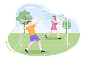 badminton-speler met shuttle op het veld in vlakke stijl cartoon afbeelding. gelukkig spelen van sportgames en vrijetijdsontwerp vector