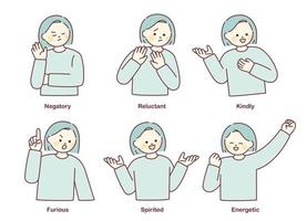 schattig kortharig meisje maakt verschillende gebaren voor emotionele expressie. vector