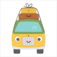 vector toeristisch busje met koffers bovenop. schattige kawaii camper met ogen en mond. camping auto illustratie. reis voertuig concept. grappig vrachtwagenpictogram met tassen