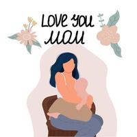 moeder die een baby voedt. borstvoeding illustratie, gelukkige moederdag belettering. perfect voor kaart, flaer, geschenken, poster, banner, verjaardagskaarten. vector