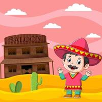 de cowboy Mexicaan die bij de oude houten bar staat? vector