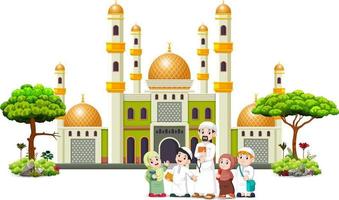 de kinderen met hun vader poseren voor de groene moskee