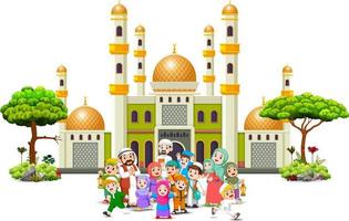 een gelukkige grote familie verzamelt zich voor de groene moskee vector
