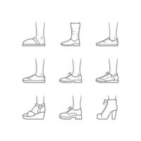vrouwen en mannen schoenen lineaire pictogrammen instellen. vrouwelijke zomer en herfst elegant schoeisel. wedges, loafers en sneakers. bewerkbare streek. dunne lijn contour symbolen. geïsoleerde vectoroverzichtsillustraties vector