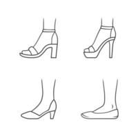 vrouwen formele schoenen lineaire pictogrammen instellen. vrouwelijke elegante hoge hakken schoenen. klassieke pumps, ballerina's, sandalen. bewerkbare streek. dunne lijn contour symbolen. geïsoleerde vectoroverzichtsillustraties vector