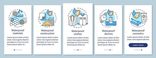 waterdichte materialen onboarding mobiele app paginascherm met lineaire concepten. vochtbestendige apparaten walkthrough stappen grafische instructies. ux, ui, gui vector sjabloon met illustraties..