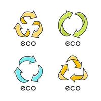 eco labels gele kleur pictogrammen instellen. pijlen tekenen. symbolen recyclen. alternatieve energie. milieuvriendelijke chemicaliën. milieubescherming emblemen. biologische cosmetica. geïsoleerde vectorillustraties vector