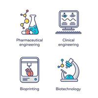 bio-engineering gekleurde pictogrammen instellen. onderzoek naar medische technologieën en de behandeling van ziekten. farmaceutische en klinische engineering, bioprinting, biotechnologie. geïsoleerde vectorillustraties vector