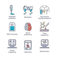 bio-engineering gekleurde pictogrammen instellen. biotechnologie voor de menselijke gezondheid en een comfortabel leven. moleculaire biologie, biomedische en moleculaire engineering, bioinformatica. geïsoleerde vectorillustraties vector