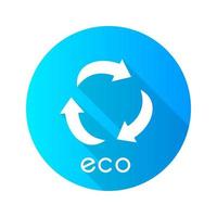 eco label blauw plat ontwerp lange schaduw glyph pictogram. drie gebogen pijltekens. recycle symbool. alternatieve energie. milieubescherming sticker. biologische cosmetica. vector silhouet illustratie