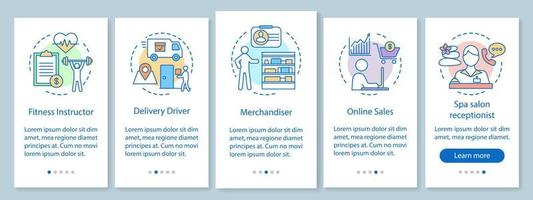 parttime vacature onboarding mobiele app paginascherm met lineaire concepten. fitness instructeur, receptioniste, chauffeur walkthrough stappen grafische instructies. ux, ui, gui vectorsjabloon met pictogrammen vector